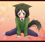  animal_ears arm_support bad_id bad_pixiv_id bangs black_hair blush bob_cut dog_ears dog_tail dogboy fate/zero fate_(series) full_body green_eyes highres hiro0207 letterboxed male_focus necktie open_mouth parted_bangs sitting socks solo tail tears wariza waver_velvet 