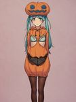  aqua_eyes aqua_hair bad_id bad_pixiv_id bra brown_legwear crotch_seam f-cla grey_background halloween hatsune_miku jack-o'-lantern lingerie long_hair panties panties_under_pantyhose pantyhose pumpkin pumpkin_costume revealing_clothes simple_background solo twintails underwear vocaloid 