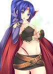 belt blue_eyes blue_hair blush breast_suppress breasts cape cleavage cross cross_earrings detached_sleeves earrings facial_mark forehead_mark iroha_(unyun) jewelry large_breasts long_hair looking_at_viewer magical_halloween midriff miniskirt navel open_mouth ponytail pussy_juice rosemary_bergamot skirt solo 