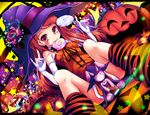  bad_id bad_pixiv_id between_legs blush book bunny candy candy_cane costume elbow_gloves facial_tattoo flower food gloves halloween hat heart holding_lollipop idolmaster idolmaster_(classic) jack-o'-lantern lollipop long_hair minase_iori natsu_(anta_tte_hitoha) pumpkin sitting smile socks solo star striped striped_legwear stuffed_animal stuffed_bunny stuffed_toy swirl_lollipop tattoo white_gloves witch_hat 