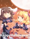  :d :o animal_ears blonde_hair brown_hair bunny_ears carrying child dress fang hair_ribbon halloween happy_halloween highres inaba_tewi lights medicine_melancholy multiple_girls nullpooo open_mouth orange_dress pumpkin pumpkin_costume purple_dress ribbon smile touhou wrist_cuffs 