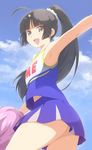  ahoge arm_up armpits black_hair blue_sky cheerleader cloud day deyuuku flat_chest jewelpet_(series) jewelpet_sunshine long_hair looking_at_viewer microskirt mizushiro_kanon open_mouth pom_poms ponytail skirt sky sleeveless smile solo thighs 