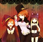  animal_ears black_eyes black_hair brown_eyes brown_hair cape cat_ears cat_tail closed_eyes collar food_themed_hair_ornament gothic gradient_hair hair_ornament halloween hat highres i.u.y jack-o'-lantern kuroyoru_umidori last_order leash long_hair misaka_worst multicolored_hair multiple_girls orange_background pants pumpkin pumpkin_hair_ornament shirt short_hair shorts smile smirk tail to_aru_majutsu_no_index top_hat witch_hat 