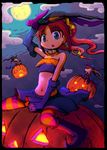  aqua_eyes bare_shoulders boots brown_hair cape choker cloud costume crescent crescent_earrings earrings elbow_gloves futami_ami futami_mami gloves halloween hand_on_headwear hat idolmaster idolmaster_(classic) jack-o'-lantern jewelry long_hair midriff moon multiple_girls navel night night_sky open_mouth pantyhose pumpkin side_ponytail skirt sky striped striped_legwear takatsuki_yayoi twintails witch witch_hat yuutousei 