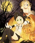 2girls ass black_legwear black_thighhighs blonde_hair blue_eyes boots breasts candy cleavage costume cross detached_sleeves female green_eyes hat highres hinagi_(fox_priest) long_hair moon multiple_girls mummy navel open_mouth original pumpkin short_hair sitting skirt smile thighhighs tongue witch witch_hat 