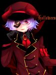  armband ascot bad_id bad_pixiv_id black_background english eyepatch gem gloves halloween hat highres looking_at_viewer open_mouth peaked_cap purple_hair red_eyes remilia_scarlet short_hair simple_background smile solo touhou uniform yutazou 