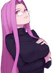  breast_hold breasts eyelashes face fate/stay_night fate_(series) glasses large_breasts lips long_hair purple_eyes purple_hair rider rimless_eyewear shirabi solo turtleneck 
