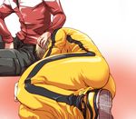  1girl ass bad_id bad_pixiv_id barnaby_brooks_jr blonde_hair bodysuit bruce_lee's_jumpsuit huang_baoling jacket orange_bodysuit petting rduuroorn red_jacket shoes sneakers tiger_&amp;_bunny 