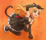  all_fours amamiya_rizumu animal_ears bad_id bad_pixiv_id blonde_hair brown_eyes cat_ears dress elbow_gloves gloves highres long_hair nyama pantyhose pretty_(series) pretty_rhythm pretty_rhythm_aurora_dream solo tail 