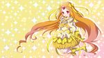  boots bow bubble_skirt choker circlet cure_muse_(yellow) earrings eyelashes frills full_body gathers hair_ribbon heart highres jewelry jun_(kyurisin) knee_boots long_hair magical_girl orange_hair orange_skirt precure red_eyes ribbon shirabe_ako skirt smile solo sparkle suite_precure yellow yellow_background yellow_bow yellow_choker 