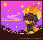  &gt;_&lt; 1boy 2011 artist_name ayuna_rokyo blush brown_hair cabbie_hat cape cat chibi closed_eyes ebitetsu facial_hair halloween happy_halloween hat jack-o'-lantern male_focus pumpkin red_eyes signature solo sparkle star stubble tiger_&amp;_bunny vest waistcoat watermark 