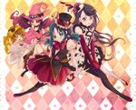  argyle argyle_background bandana black_legwear blue_eyes blue_hair bow brown_eyes brown_hair dress earrings elbow_gloves eyelashes eyepatch full_body gloves grin halloween hanasaki_tsubomi hat heartcatch_precure! jewelry kamabo_ko kurumi_erika long_hair mismatched_legwear multiple_girls myoudouin_itsuki pantyhose precure purple_hair red_eyes red_hair ribbon shoes short_hair smile top_hat tsukikage_yuri twintails v_arms white_legwear witch_hat 