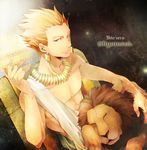  amakura_(am_as) blonde_hair character_name copyright_name dutch_angle earrings fate/zero fate_(series) gilgamesh jewelry lion male_focus necklace red_eyes shirtless solo toga 