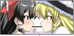  black_hair blonde_hair blush bow braid couple eating food grey_eyes hair_bow hair_tubes hakurei_reimu imminent_kiss iwatobi_hiro kirisame_marisa multiple_girls pocky pocky_kiss shared_food touhou yellow_eyes yuri 