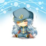 =_= alternate_costume bad_id bad_pixiv_id blue_hair blush cape chibi closed_eyes fang hand_on_own_face hat kamishirasawa_keine long_hair multicolored_hair rebecca_(keinelove) sitting solo touhou two-tone_hair uniform wavy_mouth 