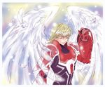  agachi ahoge angel_wings barnaby_brooks_jr blonde_hair closed_eyes eyelashes fantasy feathers light_particles male_focus power_armor power_suit solo sparkle superhero tiger_&amp;_bunny wings 