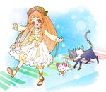  aqua_background bow brown_hair cat chiyo_(rotsurechiriha) choker dress eyelashes flower full_body hair_flower hair_ornament hummy_(suite_precure) long_hair outstretched_arms precure red_eyes ribbon sandals seiren_(suite_precure) shirabe_ako smile spread_arms suite_precure sunflower 