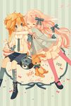  32_(mayama) animal_ears argyle argyle_legwear bad_id bad_pixiv_id beamed_eighth_notes blue_eyes bow braid brown_hair bunny_ears candy closed_eyes dress earbuds earphones eighth_note food hair_bow hug long_hair mary_janes musical_note necktie open_mouth original pink_hair pink_legwear radio shoes shorts single_earphone_removed sitting striped striped_background stuffed_animal stuffed_bunny stuffed_toy 