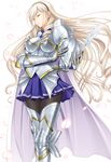  armor blonde_hair breasts cape celia_kumani_entory closed_eyes drill_hair hairband highres komori_kei large_breasts long_hair pantyhose petals school_uniform skirt solo walkure_romanze white_background 