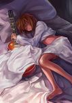  absurdres barefoot bed bed_sheet brown_hair closed_eyes feet gibson guitar highres hirasawa_yui instrument k-on! les_paul lying midriff on_side pillow short_hair sleeping solo xiamianliele 