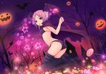  ass bat bat_wings bikini boots candy cape coffee-kizoku dutch_angle food halloween head_wings heart jack-o'-lantern lollipop looking_back original pink_hair pumpkin purple_eyes short_hair solo staff star striped striped_bikini striped_legwear swimsuit thighhighs wand wings 