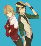  bad_id bad_pixiv_id barnaby_brooks_jr belt blonde_hair bracelet brown_eyes brown_hair cabbie_hat crossed_arms facial_hair glasses green_eyes hand_on_headwear hat jacket jewelry kaburagi_t_kotetsu male_focus melisaseventeen multiple_boys necklace red_jacket simple_background stubble tiger_&amp;_bunny vest waistcoat watch wristwatch 