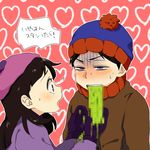  black_hair blue_eyes blush brown_hair heart long_hair open_mouth purple_eyes short_hair south_park stan_marsh sweat translation_request vomit wendy_testaburger 