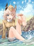  animal_ears barefoot blonde_hair blue_eyes feet hat head_wings hi-ho- military military_uniform one_eye_closed open_mouth panties raisa_pottgen short_hair sitting smile soles solo splashing strike_witches toes underwear uniform water wet wet_clothes world_witches_series 