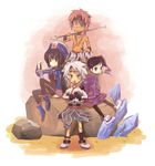  3boys black_hair cape chloe_valens eyepatch gloves hat jay_(tales) komu24 moses_sandor multiple_boys polearm red_eyes red_hair senel_coolidge short_hair side_ponytail spear sword tales_of_(series) tales_of_legendia very_short_hair weapon white_hair 