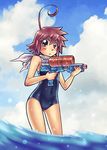  ahoge bad_id bad_pixiv_id cloud day hayate_x_blade kurogane_hayate one-piece_swimsuit scarf sky solo swimsuit water_gun yu_(uza) 