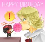  2boys ayuna_rokyo barnaby_brooks_jr birthday black_hair blonde_hair cabbie_hat candy chibi ebitetsu food glasses green_eyes hat jacket jitome lollipop male_focus miniboy multiple_boys red_eyes red_jacket tiger_&amp;_bunny 