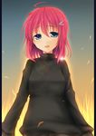  absurdres ahoge bad_id bad_pixiv_id blue_eyes field hair_ornament hairclip highres kaguyuu looking_at_viewer open_mouth original pillarboxed pink_hair solo sweater tears upper_body 