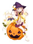  bad_id bad_pixiv_id bat boots bow fang goma_(11zihisin) grey_hair halloween hand_on_headwear hat highres knee_boots kneehighs musical_note one_eye_closed open_mouth original outstretched_arm plant pumpkin purple_eyes purple_legwear sitting sitting_on_object skirt solo star starry_background trick_or_treat vines wand witch_hat 