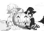  armpits black_hair camisole collaboration creature garter_straps greyscale halloween hat headphones hikari_shoujo jack-o'-lantern kneeling monochrome multiple_girls no_shoes original panties_(pantsu-pirate) pas_(paxiti) pumpkin striped striped_legwear thighhighs witch_hat work_in_progress yami_shoujo 