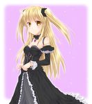 blonde_hair bracelet collarbone detached_collar dress fujimoto_akio gothic_lolita jewelry lolita_fashion long_hair looking_at_viewer looking_to_the_side necklace original smile solo two_side_up yellow_eyes 