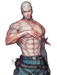  abs armband bad_id bad_pixiv_id bandolier blue_eyes bryan_fury cargo_pants cum explosive grenade highres licking_lips male_focus manly muscle pants realistic scar shirtless solo suggestive_fluid tekken tongue tongue_out white_hair yi_lee 