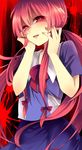  amaya_enaka bad_id bad_pixiv_id blood blood_splatter blush gasai_yuno hands_on_own_cheeks hands_on_own_face highres long_hair looking_at_viewer mirai_nikki open_mouth pink_eyes pink_hair solo yandere_trance 