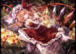  ascot bad_id bad_pixiv_id blonde_hair bug butterfly chain clock cuffs curtains dress flandre_scarlet flower insect lying on_side petals pillow plant red_eyes rose short_hair side_ponytail skirt smile solo torino_akua touhou wings 