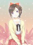  black_hair blue_eyes bow bowtie cardigan collarbone deyuuku floral_background flower hair_bow hair_ribbon light_smile original ponytail red_ribbon ribbon solo sweater 