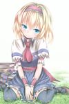  alice_margatroid black_legwear blue_eyes blush book buriki_(style) capelet colored_eyelashes dress face grass hairband head_tilt short_hair sitting smile solo thighhighs touhou v_arms wariza wingheart wrist_cuffs 