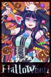  bad_id bad_pixiv_id blue_hair bow breasts cake candy checkerboard_cookie cookie doughnut dress food green_eyes hair_bow halloween lollipop long_hair macaron medium_breasts multicolored_hair panty_&amp;_stocking_with_garterbelt shaped_lollipop smile solo stocking_(psg) swiss_roll tongue tongue_out two-tone_hair yanagi_akira 