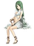  bad_id bad_pixiv_id breasts cleavage cleavage_cutout domo1220 dress forehead_jewel full_body green_eyes green_hair harp heart high_heels instrument long_hair looking_at_viewer medium_breasts navel original shoes simple_background sitting smile solo very_long_hair 