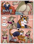  2018 anthro balls blue_eyes blush bottomless bra breasts bubbeh butt canine clothed clothing comic coyote digital_media_(artwork) duo english_text erection feline female fur gender_transformation hi_res humanoid_penis imminent_sex karnal male male/female mammal multicolored_fur orange_fur pantherine penis precum pussy pussy_juice tan_fur text tiger transformation underwear zeekerz 