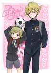  backpack bad_id bad_pixiv_id bag ball barnaby_brooks_jr blonde_hair blue_eyes bookbag gakuran green_eyes highres igaaaaa ivan_karelin male_focus multiple_boys necktie school_uniform shorts soccer_ball stuffed_animal stuffed_bunny stuffed_toy telstar tiger_&amp;_bunny time_paradox younger 