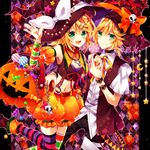  1girl belt blonde_hair brother_and_sister candy chain chocolate crescent food green_eyes hair_ornament hairclip halloween hat jack-o'-lantern kagamine_len kagamine_rin lollipop midriff nail_polish navel open_mouth pumpkin runako siblings skull smile star striped striped_legwear thighhighs twins vocaloid witch_hat 