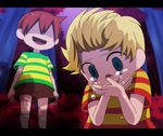  blonde_hair blue_eyes bush claus covering_mouth crying crying_with_eyes_open dark forest komeichou-69 letterboxed lucas male_focus mother_(game) mother_3 multiple_boys nature no_eyes open_mouth quiff red_hair shaded_face shirt shorts siblings smile striped striped_shirt tears twins 