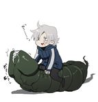  chibi crest_worm fate/zero fate_(series) hood hoodie jirafu male_focus matou_kariya riding solo white_background white_hair 