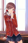  brown_eyes brown_hair guilty_crown hand_on_own_cheek hand_on_own_face hao_(patinnko) highres menjou_hare school_uniform solo 