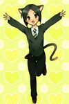  androgynous animal_ears arms_up bad_id bad_pixiv_id bangs black_hair blush bob_cut cat_ears cat_tail fang fate/zero fate_(series) full_body green_eyes heart kemonomimi_mode male_focus naiya necktie open_mouth parted_bangs smile solo tail waver_velvet 