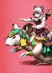  animal_ears arm_up armor basket bottle capelet claws dress grey_hair highres holding mouse mouse_ears mouse_tail nazrin ofuda open_mouth pointing purple_eyes riding saebashi shoes short_hair simple_background socks solo tail touhou 
